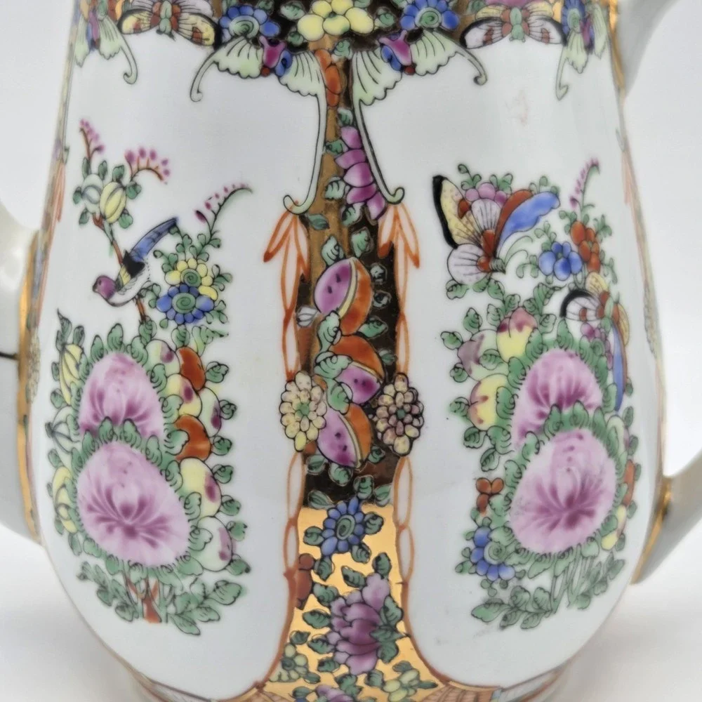 Vintage Cantonese Famille Rose Medallion Porcelain Tea Set Peonies Butterflies